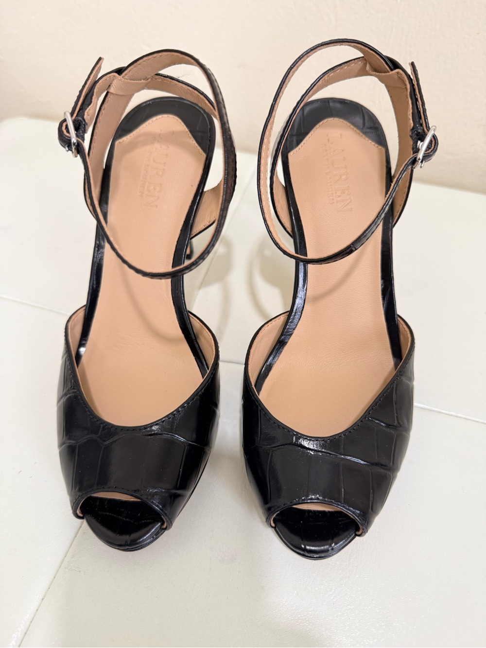 Lauren Ralph Lauren Black Croc-Embossed Peep-Toe Ankle-Strap Heels